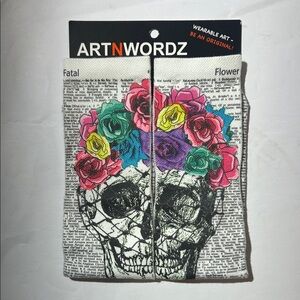 ARTNWORDZ Skull w/ Colorful Flower Crown and Dictionary Print Novelty Art Socks